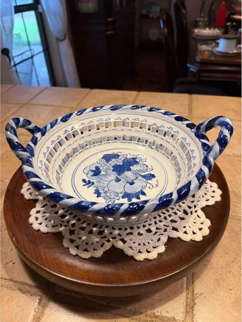 46. Blue and White Ceramic Fruit Basket with handles China Bowl 10” across